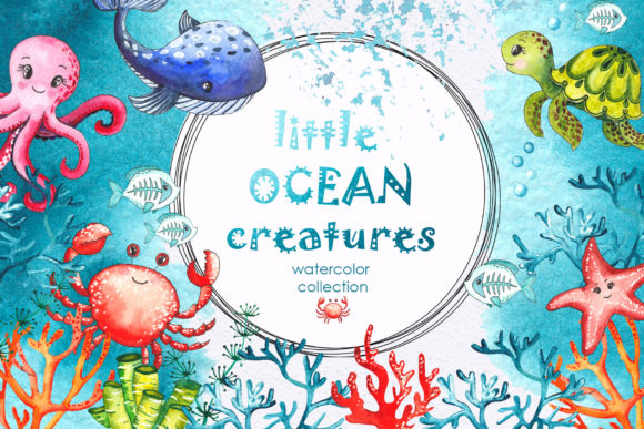 Little OCEAN Creatures. Watercolor