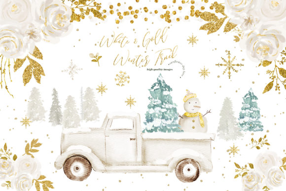Vintage Truck Winter Snowflakes Clipart